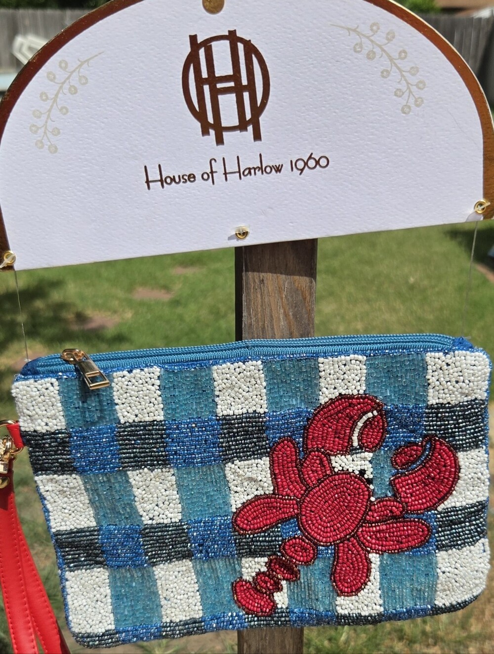 House of Harlow Blue & White Beaded Wristlet with Red Lobster
